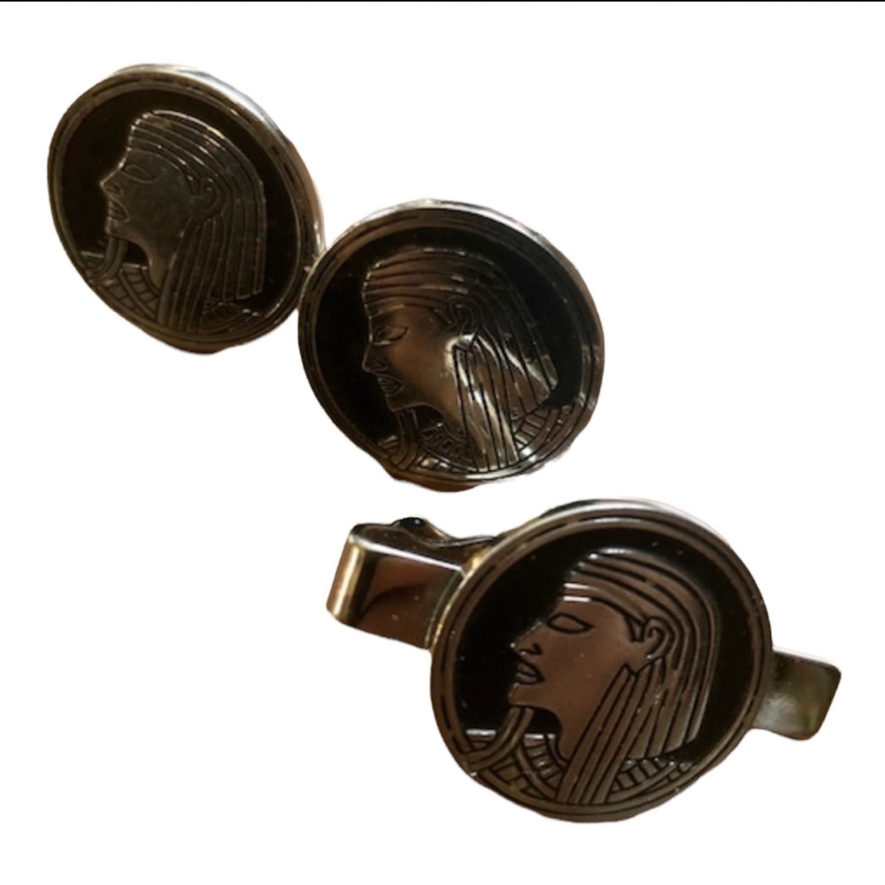 Vintage Egyptian SWANK Tie Clip‎ & Cufflink Set in Black and Silver